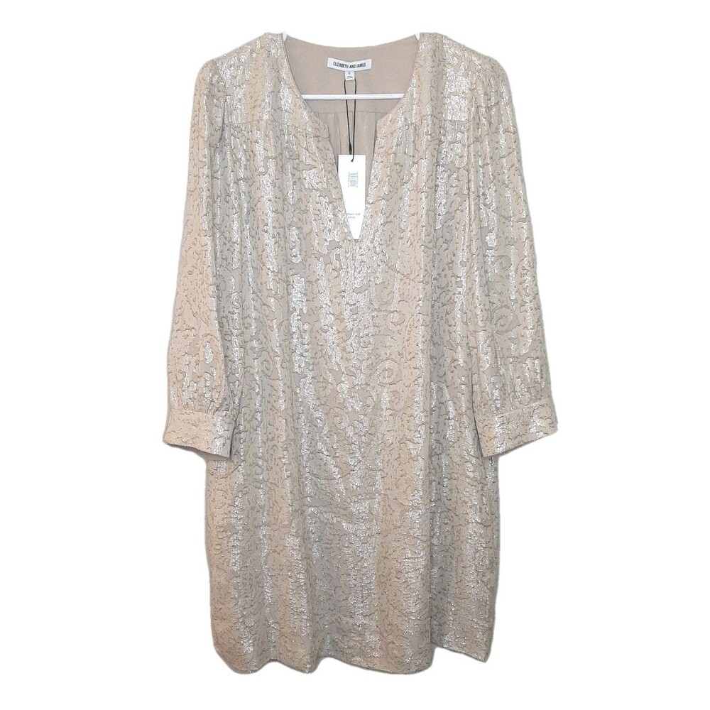 NEW Elizabeth & James Dress Beige Women Size 6 Sparkle Shift Dress LS $425 Silk